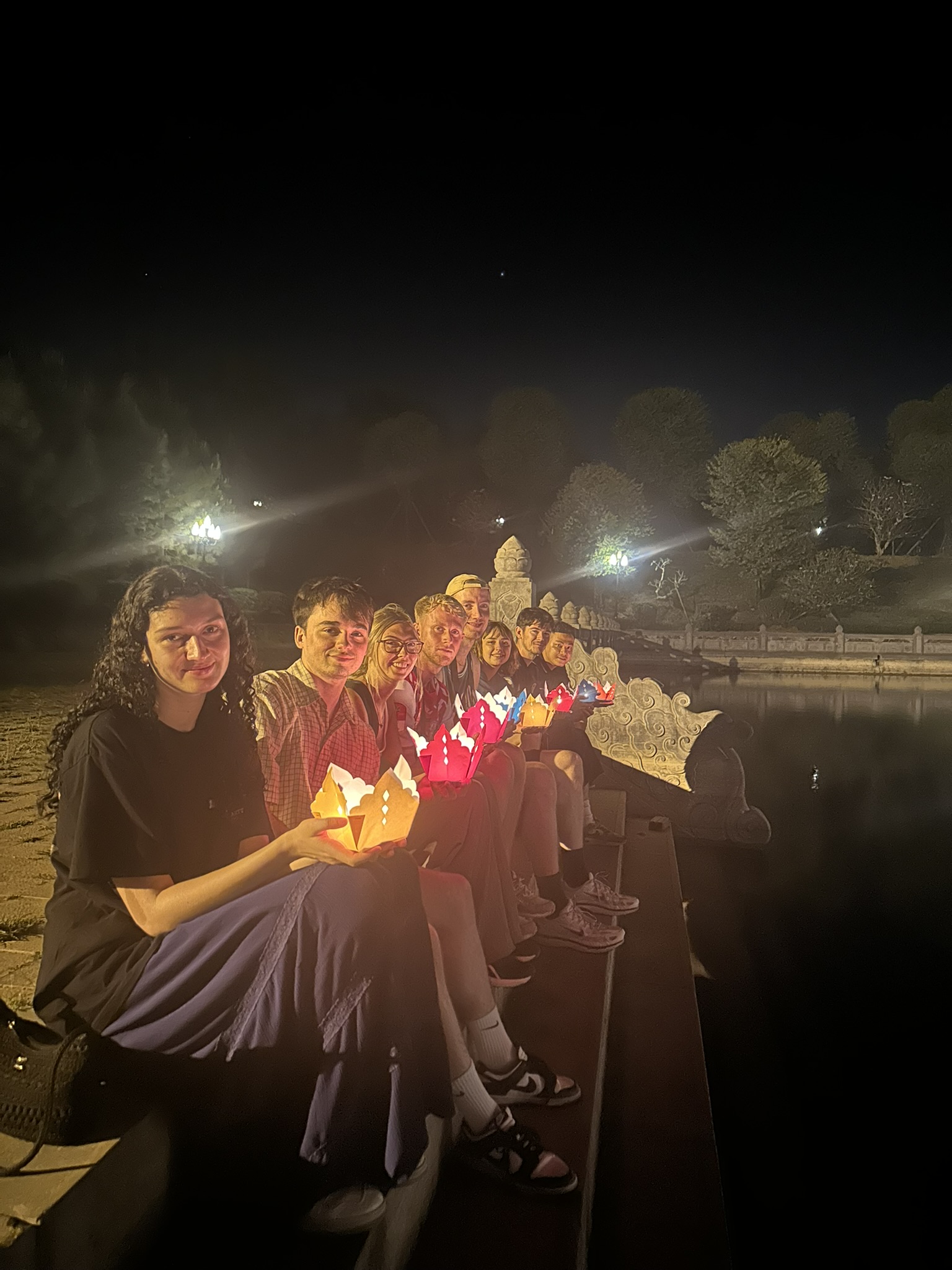 Scenic night view of the valley and floating temples